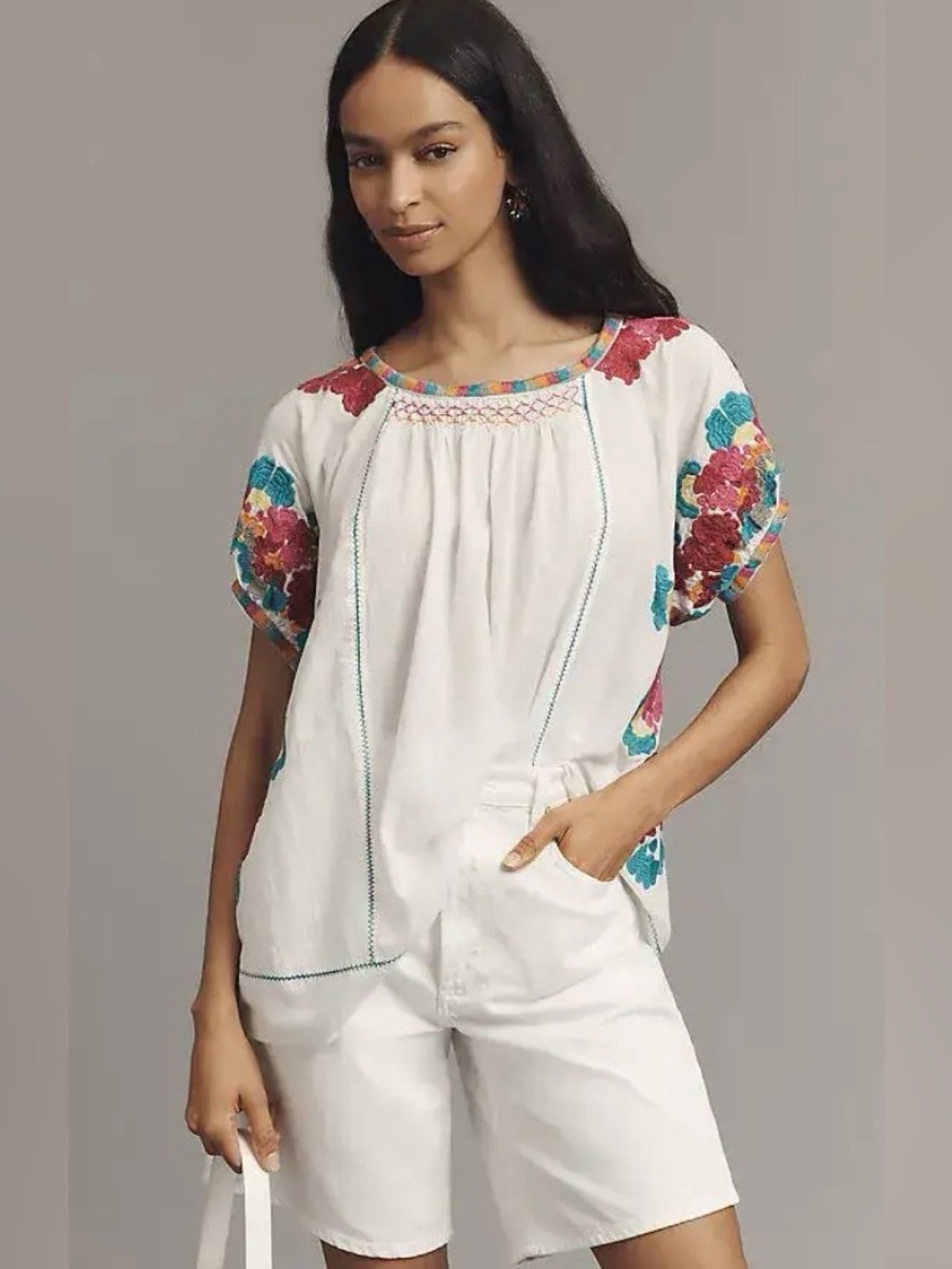 NWT $138 By Anthropologie Short-Sleeve Embroidered Tunic Top S